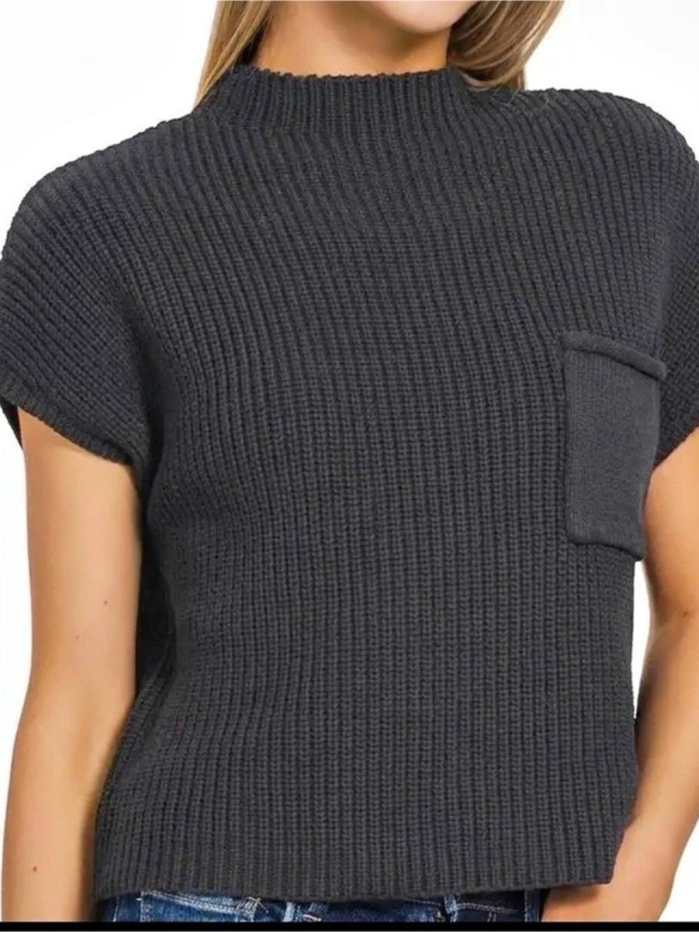 42POPS Black Mock Neck Short Sleeve Knit Sweater Top